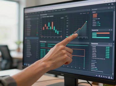 Close-up of a professional's hand pointing at a data dashboard on a large monitor, natural daylight from a side window, blurred open-plan office background, sharp focus on the screen metrics