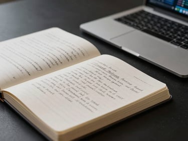 Close-up detail of an open notebook with dense handwritten notes beside a laptop showing abstract data visualization, studio overhead lighting, dark desk surface, clean and precise framing