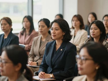 Dignified portrait of a diverse Malaysian female leader speaking at a women's empowerment workshop, engaged audience, warm natural light, editorial 35mm
