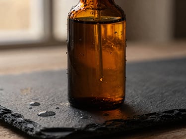 Close-up of a premium amber glass beard oil bottle on a dark slate surface, water droplets, soft studio shadow, warm lighting.