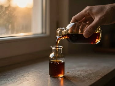 A hand pouring rich, dark oud oil into a small glass vial, warm golden-hour light streaming through a window, moody editorial style.