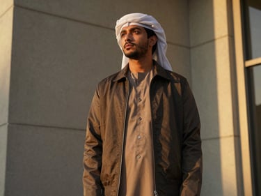 A male creator in a premium minimalist thobe and streetwear jacket, shot from a low angle against a clean concrete wall, soft golden-hour light, shallow depth of field.