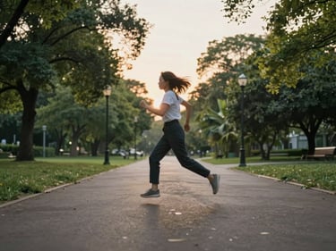Wide shot of a woman mid-movement in an open park path at golden hour, soft backlit glow, green trees flanking the path, fluid motion captured in natural outdoor light