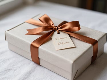 Close-up of a finished personalized keepsake item resting on a white linen surface: a custom-printed box tied with grosgrain ribbon in accent copper, a small tag with a name visible, bright natural daylight from the left, shallow focus