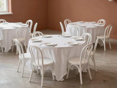 Wide environmental shot of a styled children's party furniture grouping: white bentwood chairs tucked under a round table with coordinated linen, soft natural daylight from the side, room empty and fully set, terracotta and white palette