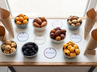 Overhead flat lay of a styled snack cart top surface: small ceramic bowls of botanas arranged by color and size, kraft paper cones, coordinated label tags, bright overcast natural daylight, white and warm-wood surface