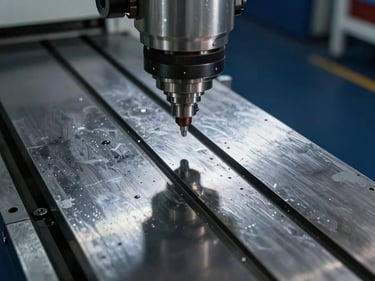Overhead close-up of a heavy CNC milling machine table surface under sharp workshop fluorescents, precise machined channels visible, deep navy background, no people
