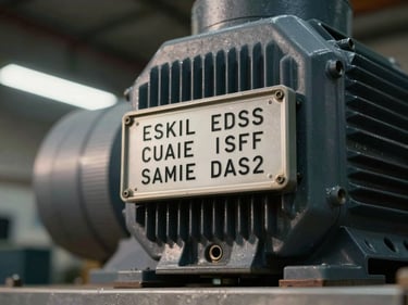 Close-up of an industrial electric motor nameplate with serial number visible, mounted on a steel frame under sharp directional workshop light, high contrast, no people