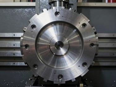 Overhead flat-lay of a large industrial CNC lathe chuck face under sharp white workshop lights, machined steel rings and bolt pattern in sharp focus, dark floor below