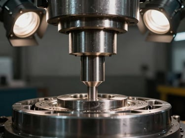 Extreme close-up of a heavy hydraulic press ram and die set under angled workshop spotlights, polished steel surface with tool marks, dark industrial background