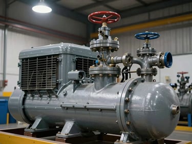 Close-up of a large industrial air compressor unit and pressure vessel manifold under sharp overhead workshop lighting, painted steel casing and valve fittings in focus