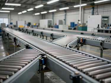 Wide shot of organized industrial conveyor belt assembly in a clean warehouse bay under high overhead fluorescent lighting, steel rollers and frame in precise alignment