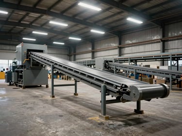 Wide shot of a large industrial conveyor belt system in an organized warehouse bay under overhead fluorescent work lights, empty floor, sharp contrast, no people
