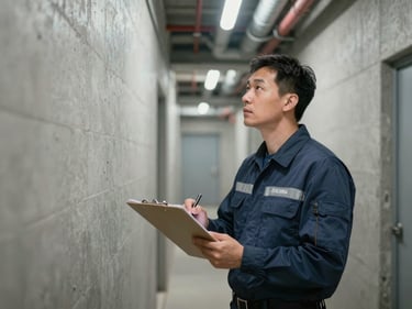 Zeladoria technician in uniform conducting a methodical inspection of building infrastructure in a utility corridor, clipboard in hand, concrete walls and pipe systems visible