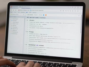 Close-up of a laptop screen showing API query logs and model response patterns mid-analysis, cool north-facing daylight, tight screen crop, hands partially visible at keyboard edges