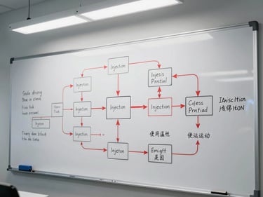 Overhead shot of a whiteboard covered in a data pipeline diagram with red annotations marking injection points, clinical fluorescent lab lighting, no people in frame