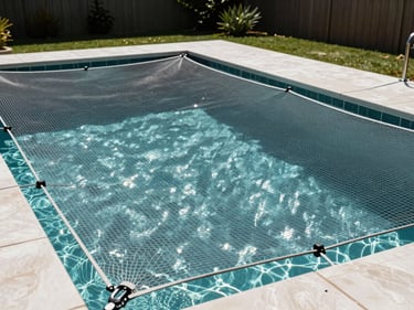Backyard pool with a fine safety net stretched taut over the water surface, net anchored to poolside deck hardware, mid-morning sunlight glinting off water through the mesh, no people, clean landscaping around