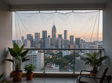 Apartment balcony with city skyline view, a transparent protective net spanning the full opening, potted plants and a chair in the foreground, early evening light, net barely perceptible against the sky