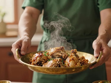 Hands serving home-cooked chicken meal in a brass kasa plate, steam rising, warm kitchen light, shallow depth of field, 35mm film.