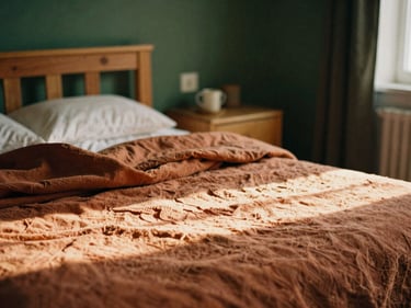 Comfortable room interior with a warm blanket on a bed, natural wooden furniture, soft light, warm editorial photography, 35mm film.