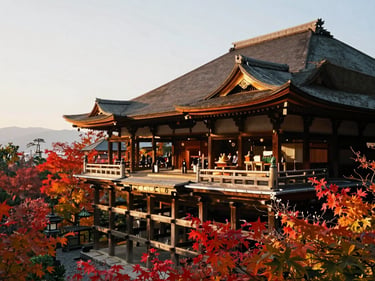 A peaceful traditional wooden temple in Kyoto surrounded by vibrant autumn foliage, soft golden daylight, cinematic composition, 35mm lens