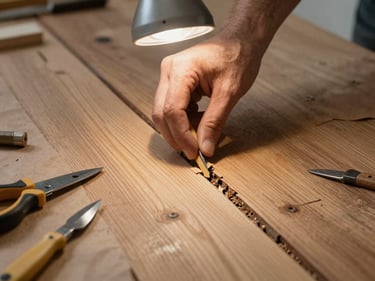 Close-up of a restorer's hand applying wood filler into a deep crack on a worn pine floor, tungsten task light illuminating the grain and repair material, tools laid on brown kraft paper beside the work area