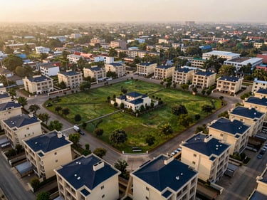 Aerial view of a well-planned residential plot layout in India, green spaces, clear boundaries, golden hour, deep navy and champagne accents, wide-angle lens