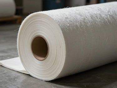 Close-up roll of ceramic fibre blanket unrolled on warehouse floor, white fibrous texture under direct overhead light, soft shadow along roll edge