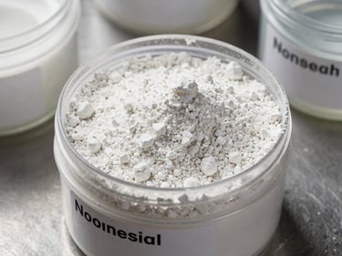 Macro overhead of white magnesia powder and sodium silicate liquid in labelled containers on steel workbench, controlled studio light, sharp texture contrast between powder and clear liquid