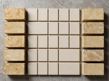 Overhead flat-lay of insulation bricks and tiles arranged in rows on a concrete surface, controlled warehouse light, pale cream and buff tones, crisp edges visible