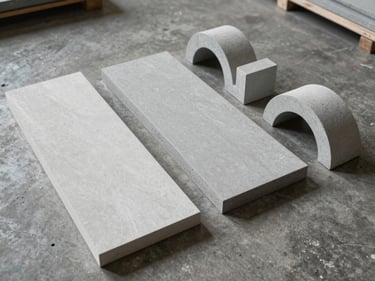 Overhead flat-lay of rectangular refractory slabs and arch blocks arranged in size order on concrete floor, cool grey surface with sharp edge detail, warehouse lighting