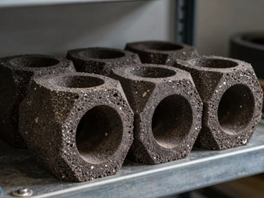 Close-up of cylindrical burner blocks in two rows on metal shelf, dark dense refractory surface, controlled studio light highlighting circular bores and material grain