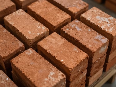 Close overhead flat-lay of dense-stacked high-alumina fire bricks on warehouse floor, controlled artificial light, warm ochre surfaces visible, sharp texture detail