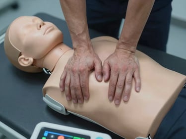Close-up overhead shot of trained hands performing chest compression on a CPR mannequin under cold studio strobe light, defibrillator pads visible at lower frame edge, dark surface, clinical and precise