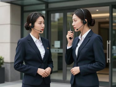 Medium shot of two professional escorts in clean dark business attire communicating via earpiece and radio at a corporate building entrance, calm professional posture, cool overcast daylight, no confrontation or weapons