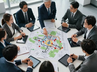 Overhead shot of a corporate team around a briefing table with tactical layout maps and tablets, instructor standing at head of table pointing at scenario plan, cool north-facing daylight, focused faces, no heroic poses