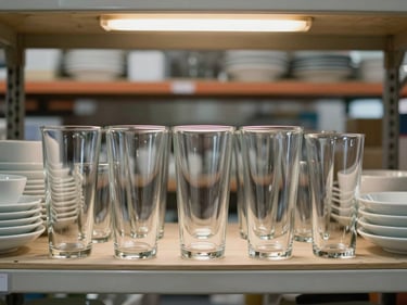 Eye-level shot of rows of clean glassware and ceramic tableware on warehouse shelving, warm skylight from above, honest depth of stock visible behind the front row
