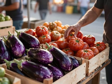 Wide shot of a market stall at dawn, wooden crates of purple eggplants and heirloom tomatoes in golden morning light, a farmer's arm reaching to rearrange produce, blurred street context behind