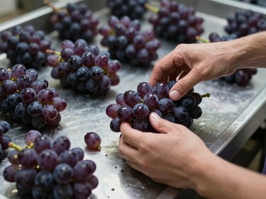 Tight close-up of wine grape clusters being sorted by hand on a stainless sorting table, cool cellar ambient light, deep purple skins glistening, a worker's fingers visible