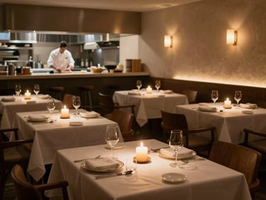 Wide restaurant dining room in early evening candlelight, empty tables set for service, warm amber glow on linen and ceramic, a single chef visible through the kitchen pass in the background