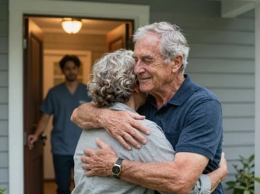 A family member embracing an elderly parent at the front door as a caregiver arrives in the background, warm porch light, genuine relief visible on the family member's face