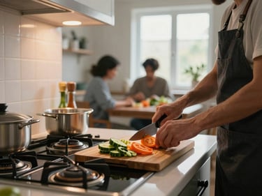 Caregiver preparing a simple healthy meal at a home kitchen stove, chopping vegetables on a wooden board, warm overhead and window light, a client visible seated at the table in the background