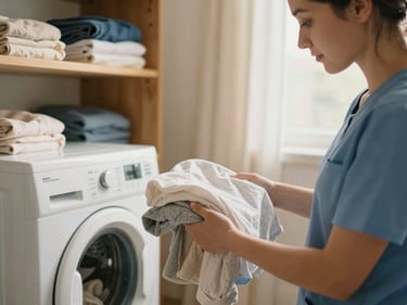 A caregiver folding laundry in a tidy home laundry room, warm incandescent light, domestic and focused, client's personal items visible on a shelf nearby