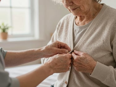 Close shot of a caregiver's hands helping an elderly woman button her cardigan in a warmly lit bedroom, natural morning window light, domestic and unhurried