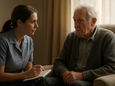 Caregiver sitting attentively beside an elderly man in a living room armchair, notepad in hand, both in quiet conversation, soft afternoon daylight through curtains