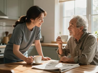 A caregiver and an older man sitting together at a kitchen table sharing coffee, both relaxed and mid-conversation, warm afternoon window light, a newspaper visible on the table