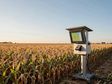 Cosechadora moderna equipada con GPS trabajando en un campo de soja infinito bajo un cielo despejado.