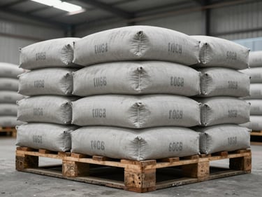 Close-up of stacked 40kg cement bags on a pallet, grade markings clearly visible, overcast warehouse overhead lighting, concrete floor beneath, dust motes in air