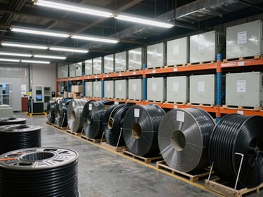 Wide shot of electrical conduit rolls, cable reels, and panel boards organized on warehouse racking, cool-white overhead fluorescent lighting, labels visible