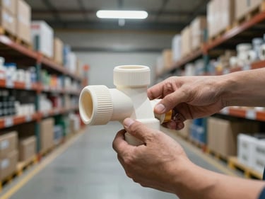 Close-up of hands gripping PVC pipe fittings mid-assembly on a warehouse floor, rows of plumbing supply boxes blurred in background, overcast overhead warehouse light